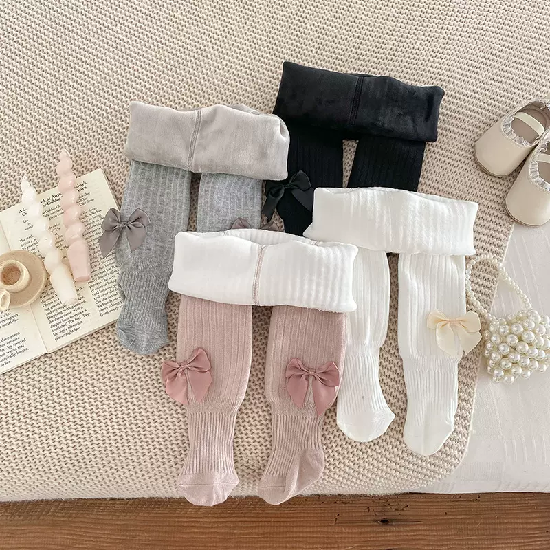 婴幼儿秋冬外穿连袜裤女宝宝洋气可爱蝴蝶结打底裤公主打底袜百搭