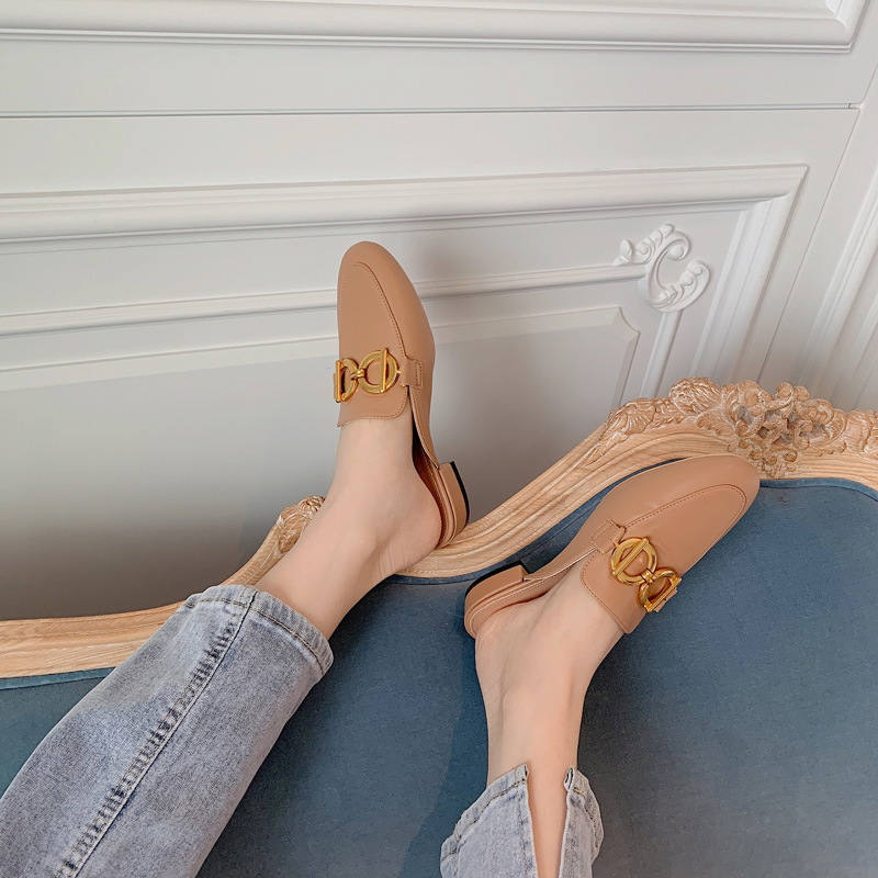 fashion golden metal decor leather flats NSHU59219