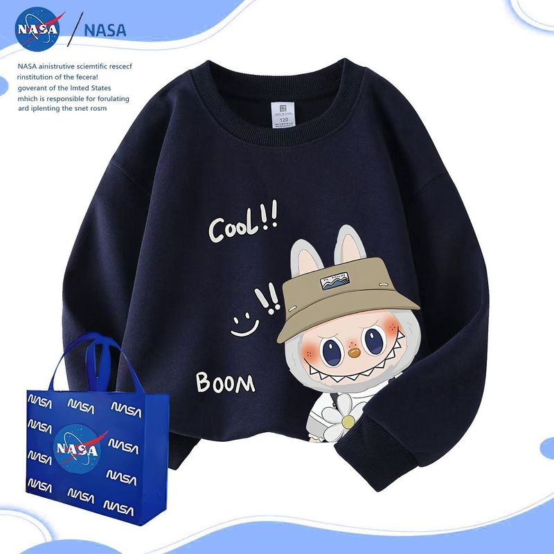 NASA卡通拉布布圆领卫衣上衣秋冬款labubu儿童休闲落肩加绒长袖|undefined
