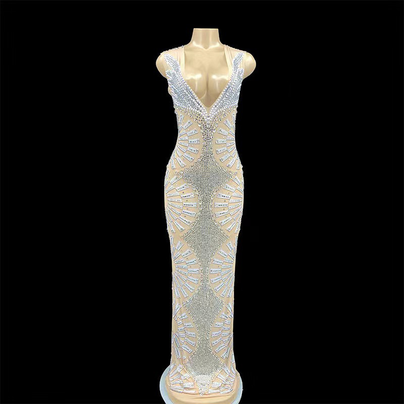 Women's 2024 New V Neck Diamond Cocktail Dress Formal Elegant Large Size Sexy Opening Ceremony Clothing Stunning