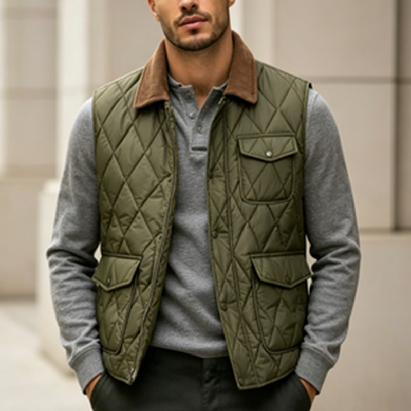 2026 Winter Amazon Xiyin 3D Cross-Border Men's Fashion New Trendy Diamond Pattern Fleece-Lined Turn-Down Collar Cotton Vest European Size