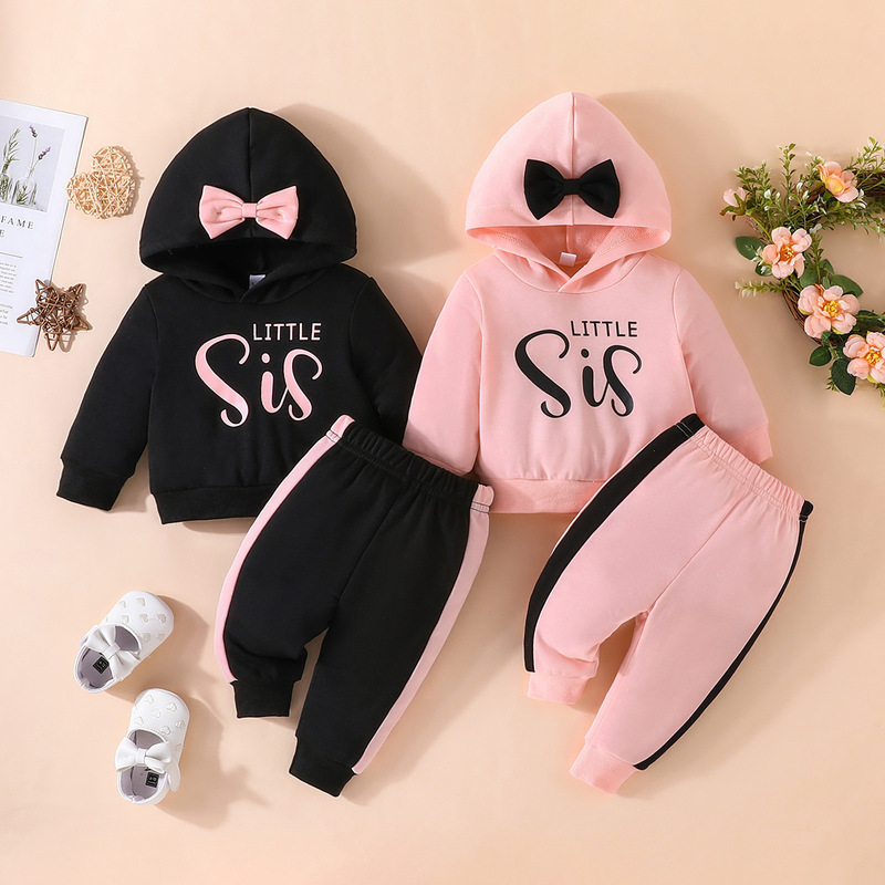 European and American Style Spring and Autumn New Baby Letter Print Long-Sleeve Hooded Top + Solid Color Long Pants 2-Piece Set, Available for Dropshipping