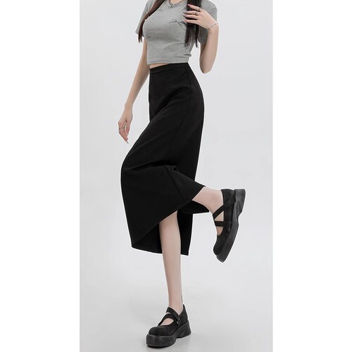 Black suit skirt for women's new summer thin straight high-waist split hip skirt mid-length skirt
