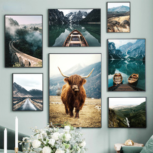 Cross-Border Foreign Trade Scandinavian Scenery Plateau Mountain Cow Deer Lake Bedroom Living Room Background Wall Mural Canvas Decorative Painting