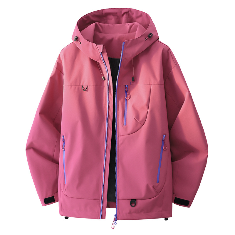 Línea de contraste de color al aire libre capa de asalto con capuz multicolor primavera y otoño para hombres y mujeres empalme chaqueta de trabajo chaqueta superior