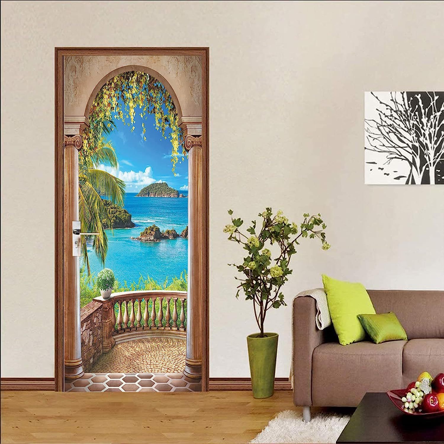 Adhesivo 3D para puerta con arco de balcón junto al mar, autoadhesivo, ideal para sala de estar, dormitorio y hogar._voghion.com