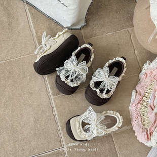 Xshx Kidsren's Autumn Retro Stable Shoes Girls Princess Shoes Lace Pearl Bow Toe Stable Heel Velcro
