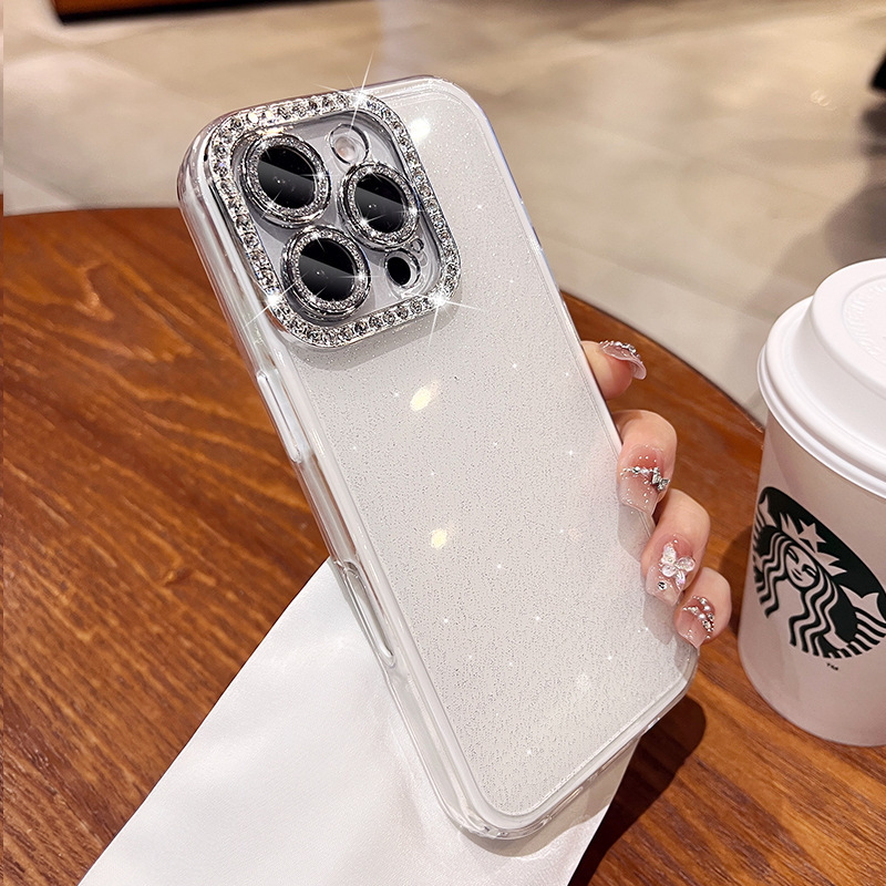 Polvo de brillo de lujo simple y ligero para iPhone 15 lente de diamante flash 16ProMax funda para teléfono móvil 14 Apple 13 femenino 15PM
