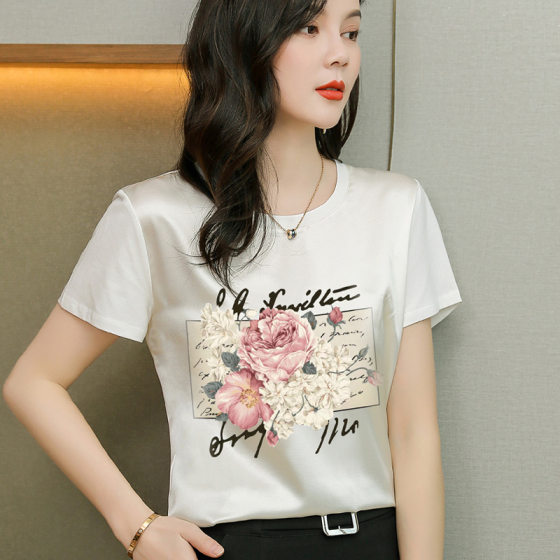Fashion Printed Silk Short-sleeved T-shirt Women's 2025 New Summer Casual Loose Stitching Cotton Mulberry Silk Top for Women