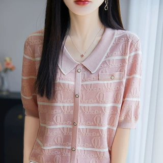 莱赛尔天丝翻领提花针织短袖女Polo领条纹拼色百搭T恤打底上衣