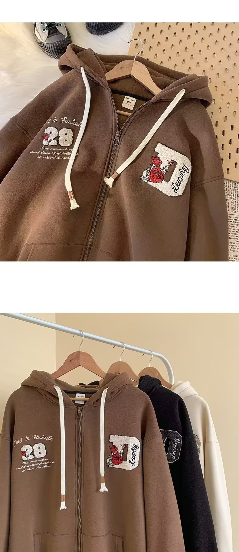 Felpa con cappuccio e cerniera retrò – Felpa unisex oversize con grafica anime (beige/marrone/nero, S-3XL)_voghion.com
