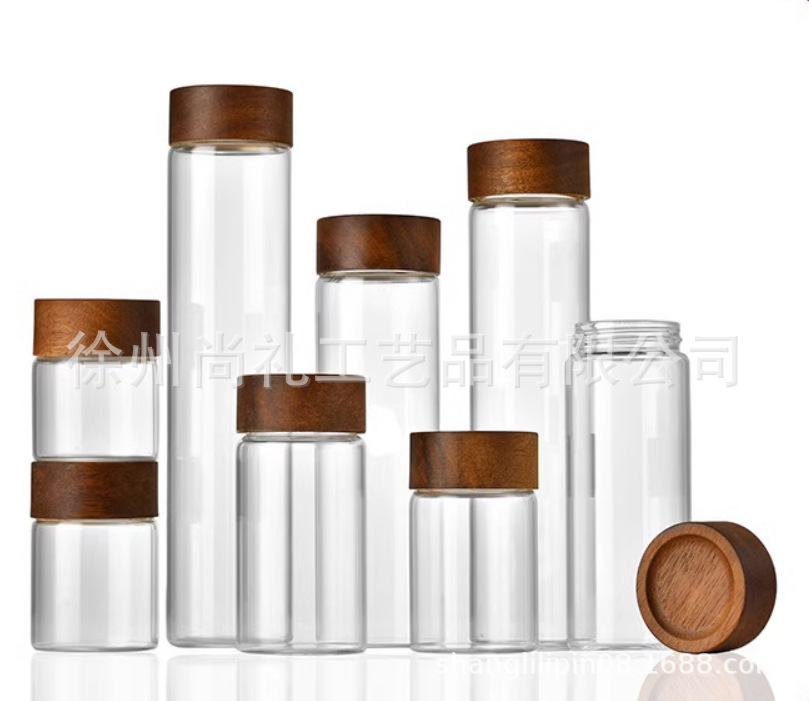相思木盖无铅高硼硅玻璃密封罐 食品级耐高温茶叶药物分装空瓶子