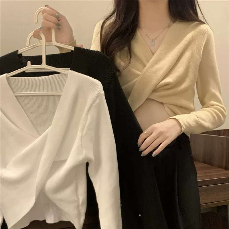 Весна и осень ленивый новый женский вязаный свитер 2025 корейский Gentle и Fashionable Temperament Неровный пупок топ