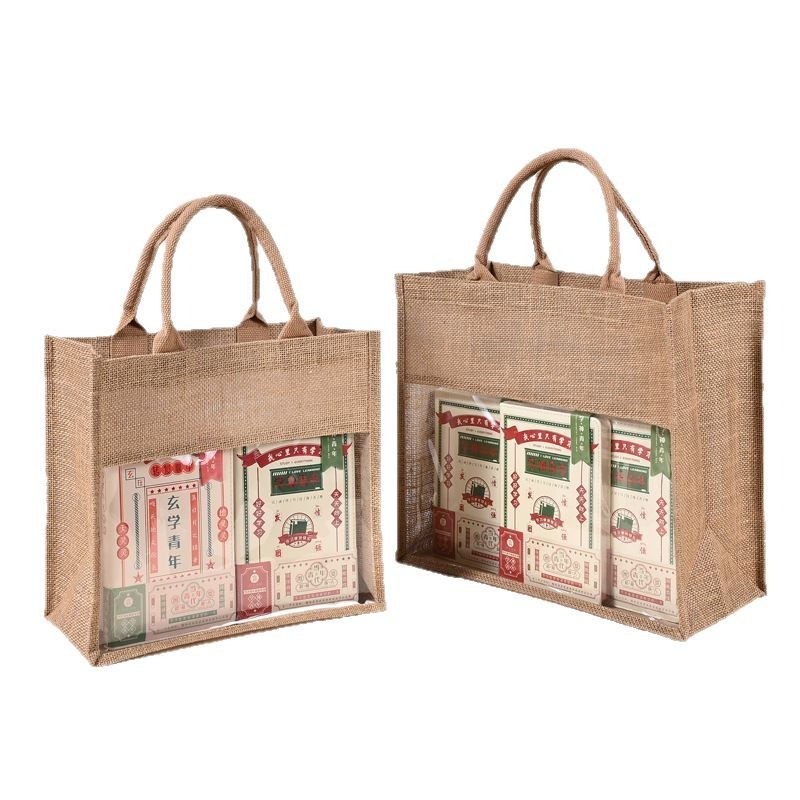 Bolsa de lino de PVC de ventana personalizada moda ecológica yute lino transparente regalo bolsa de lino tote