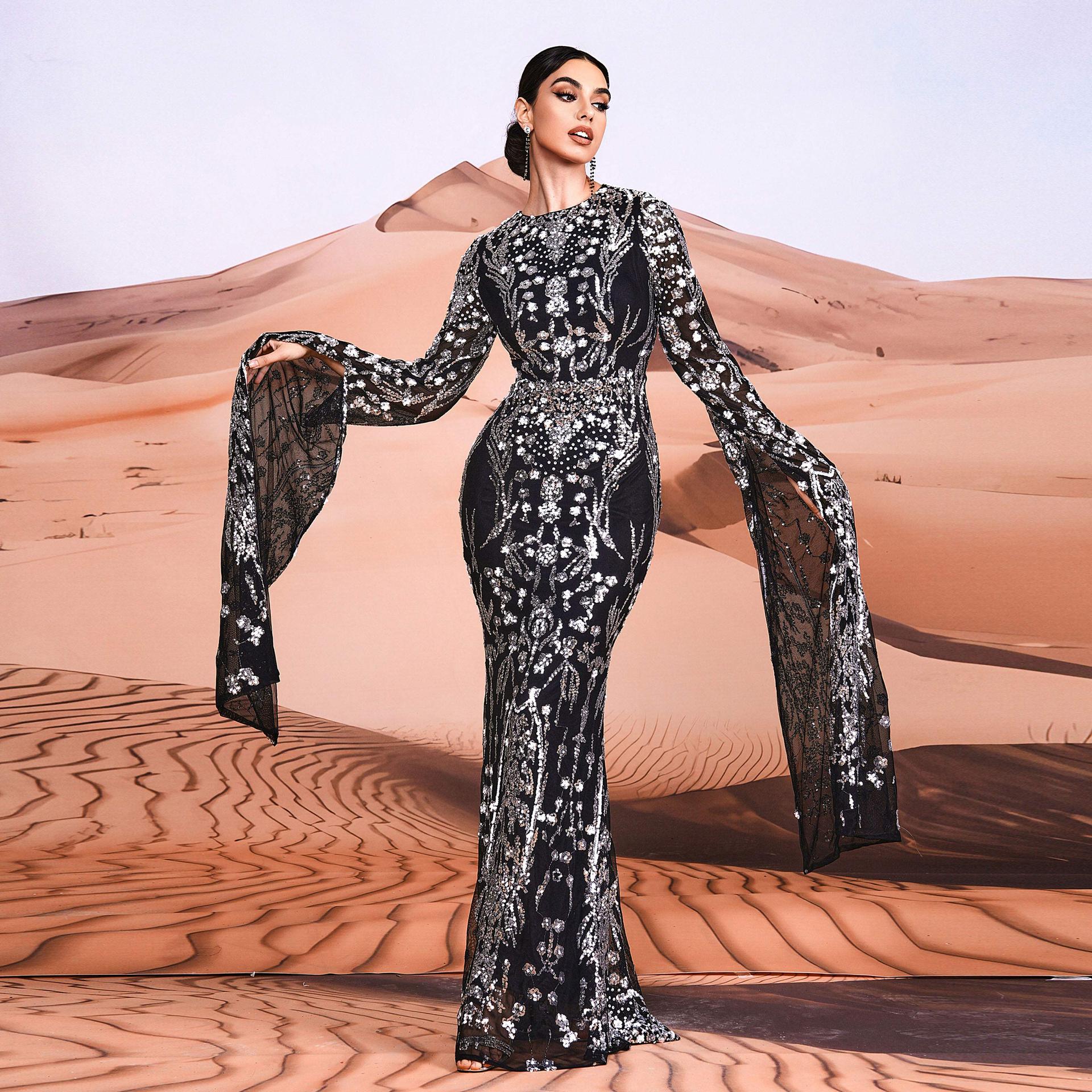 Women's Clothing ultra long sleeve temperament round neck sexy slim long sequined banquet evening dress bridesmaid dress_voghion.com