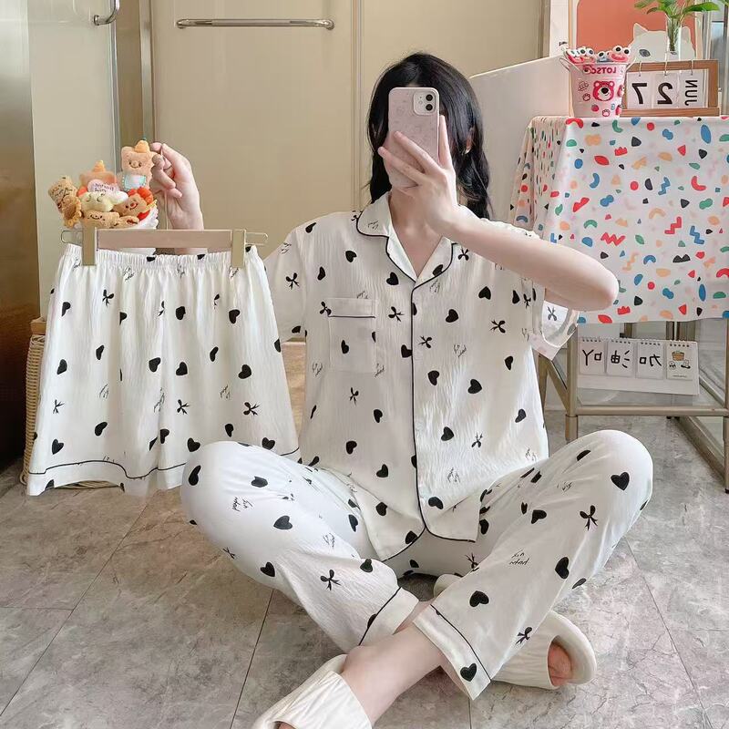 New Pleated Cloud Cotton Pajamas Girls Three-Piece Spring and Summer Printed Lapel Cute Home Clothes Set Cartoon