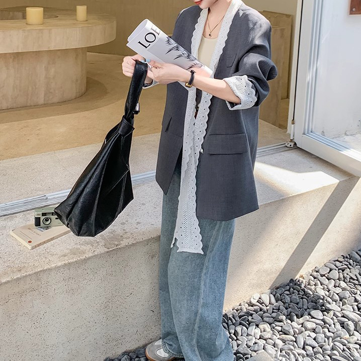 预售蕾丝拼接灰色休闲西装外套女春秋2025新款宽松显瘦气质西服|undefined