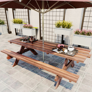Anticorrosive Wood Outdoor One-Piece Table and Chair Combination with Umbrella Outdoor Park Courtyard Open-Air Terrace Solid Wood One-Piece Dining Table and Chairs