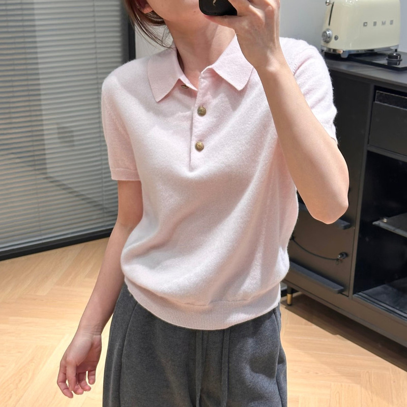 Shenzhen Nanyou Polo Collar Short-Sleeved Knitwear for Women, New Spring Style, Gentle and Elegant, Versatile Cashmere Top