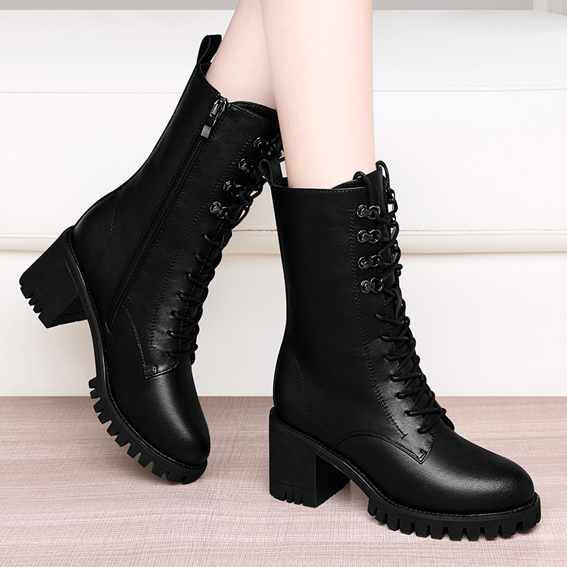 古奇天伦真皮粗跟中筒靴侧拉链新款冬季加绒女靴子高跟马丁靴2437