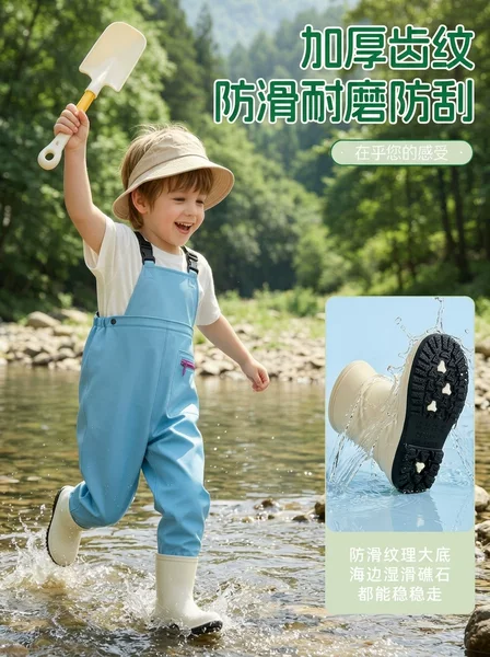 Children's waterproof one-piece pants for beach activities, kindergarten boys' and girls' water play gear, beach overalls, wading pants, fish-catching rain boots