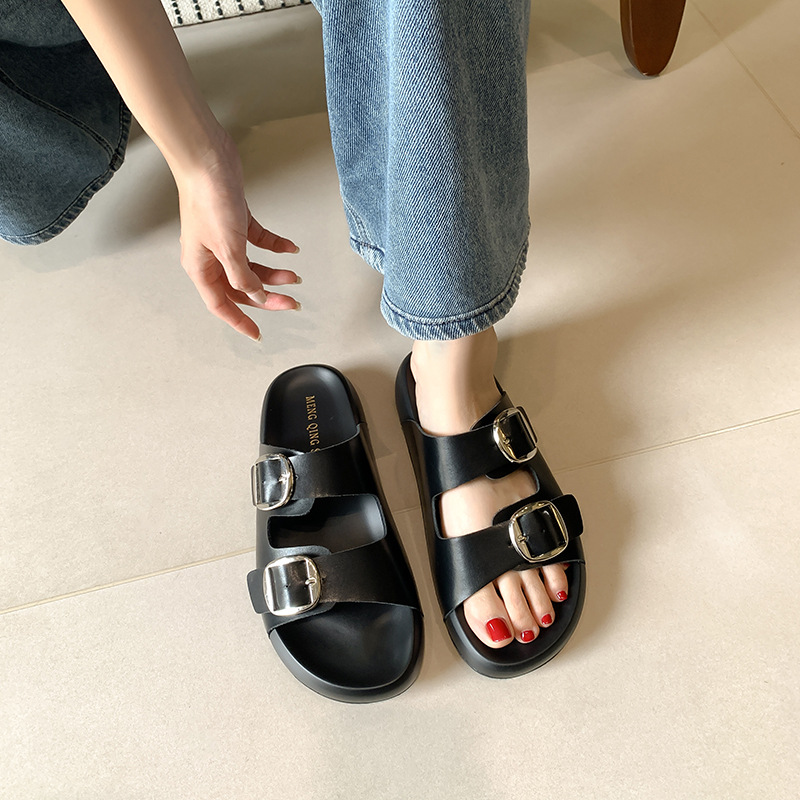Genuine Leather Small Thick Slippers for Women's Summer Wear Height-increasing Shit-stepping Slippers High-end Dress Sandals plus size