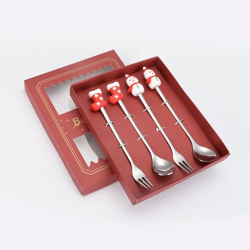 Cucharas de acero inoxidable transfronterizas muñecas de Papá Noel cubiertos cajas de regalo caseras de café mezclador cucharas de postre horquilla de frutas