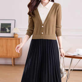 恒源祥气质假两件针织拼接连衣裙女2025秋季显瘦中长毛衣百褶裙子