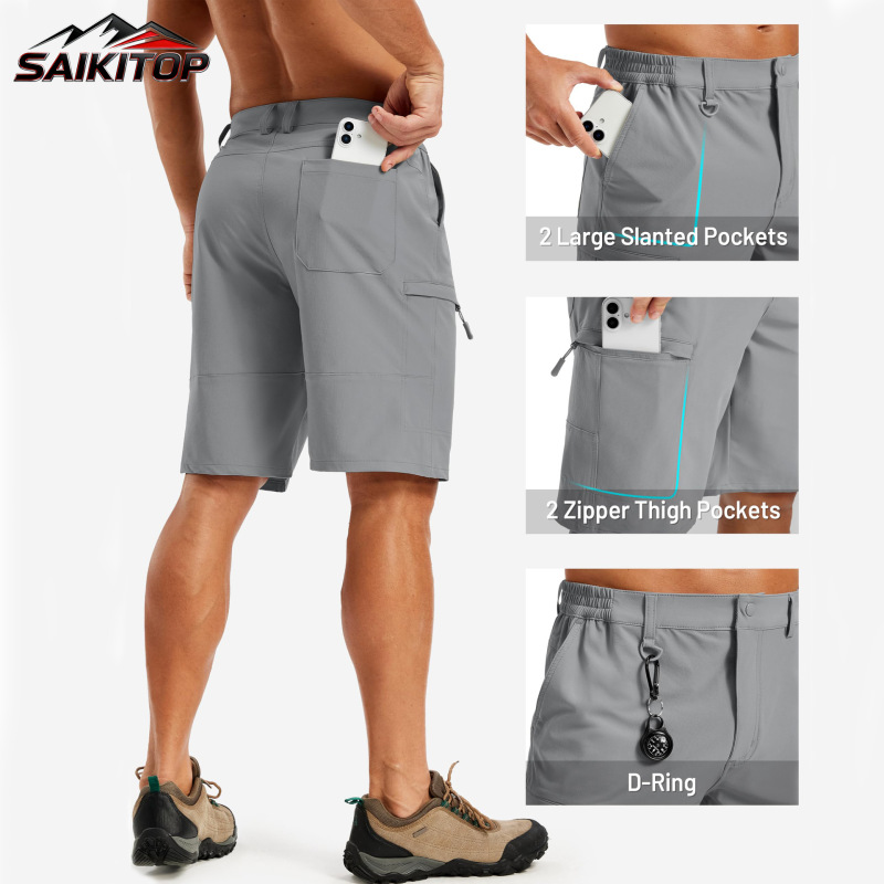 European and American Hot-Selling Men's Work Shorts with Zipper Pockets, Semi-Elastic Waist, Five-Point Length, Durable for Hiking and Fishing