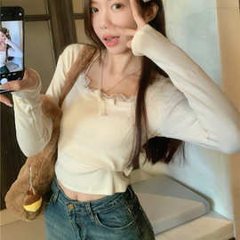 甜辣小个子长袖短款上衣潮2025秋季蕾丝方领打底衫T恤女修身内搭