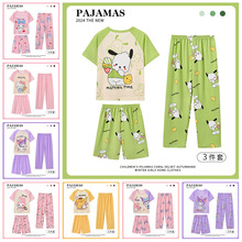 三件套女童睡衣2025新款夏季薄款短袖长裤儿童女孩母女家居服