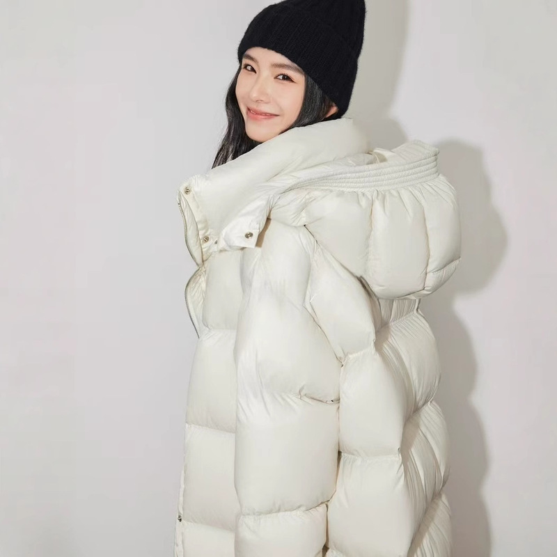 Women's Flat-Hemmed down Jacket with Hood, Stand-Up Collar, Mid-Length, Warm down Coat with Bubble Hood, Puffer Jacket