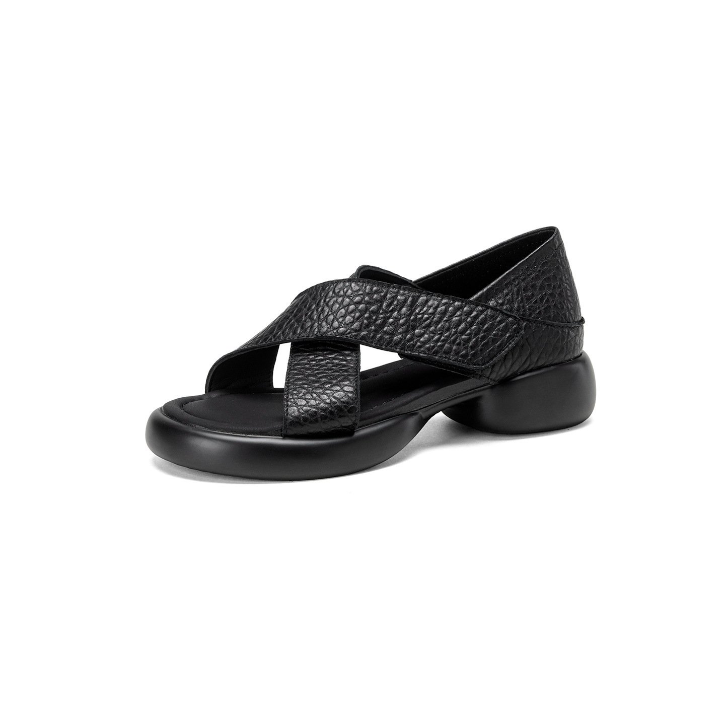 Sandal nữ hở mũi đế dày 4 cm da cừu quai ngang khóa — đen
