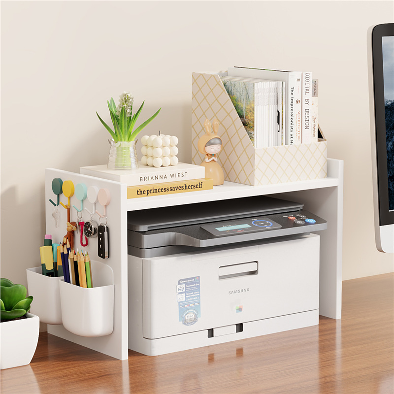 Double-Layer Desktop Printer Storage Rack Simple Modern Ivory White Desk Storage Rack Wooden Craft Office