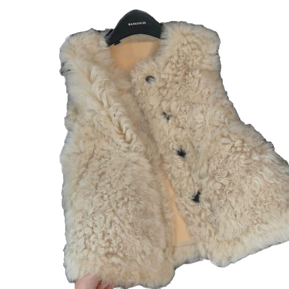 Áo vest nữ không tay cổ tròn giả lông cừu phối lông thú, dáng gile khoác ngoài — Trắng, màu lúa mì, quả mơ