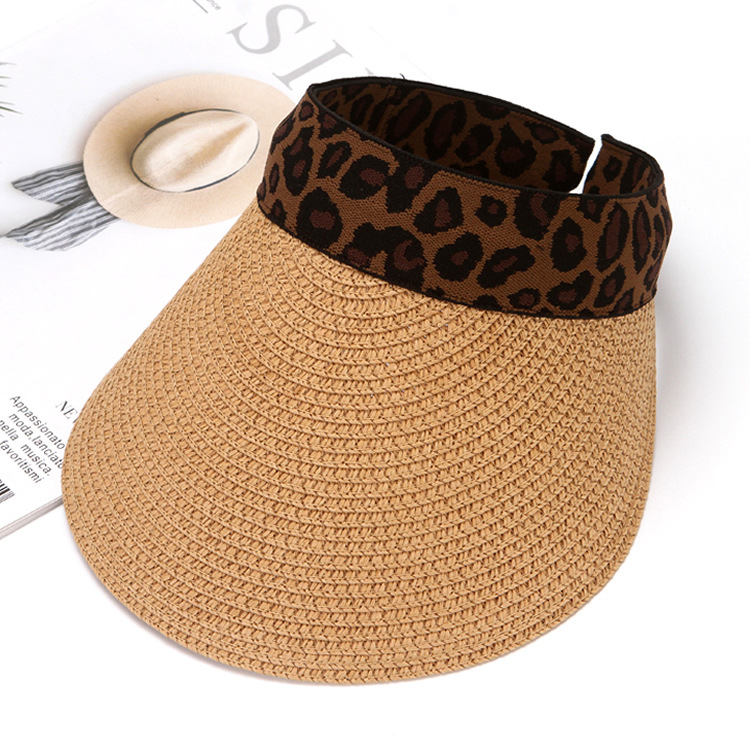 Women's Leopard Print Straw Visor Hat Wide Brim Summer Sun Hat_voghion.com