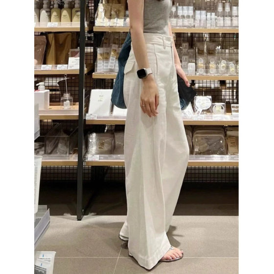 2025 Early Spring New Style White Cotton and Linen Wide-leg Pants for Small Men High Waist Dosing Slimming Straight Casual Pants Women's Clothing