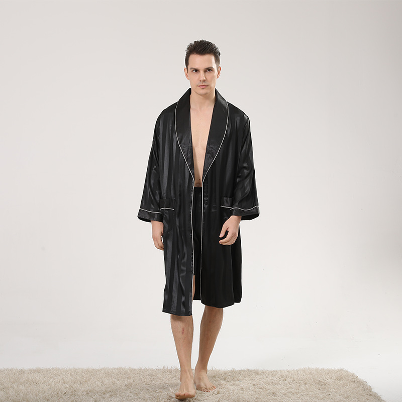 Men's Cross-Border Summer Silk Robe Two-Piece Set Thin Striped Brocade Long-Sleeve Pajama Set for Men Summer Plus Size Bath Robe
