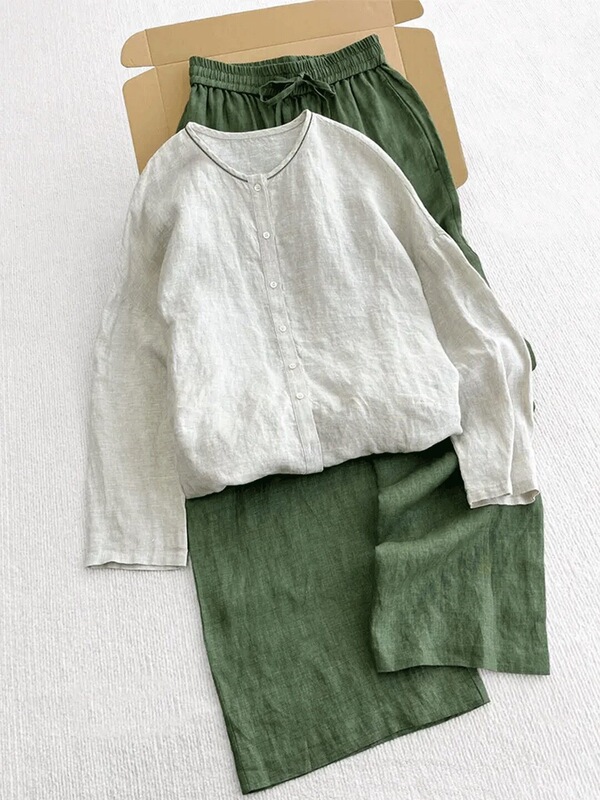 New Summer Relaxed Style Outfit Set, Age-Reducing Loose Wide-Leg Pants, Women's Linen Sun Protection Shirt Set