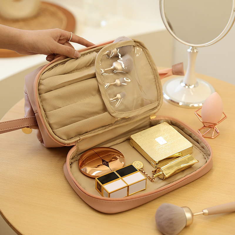 Nube de cosméticos bolsa de viaje portátil de gran capacidad de lavado bolsa de doble capa de alambre de acero maquillaje cuidado de la piel bolsa de almacenamiento