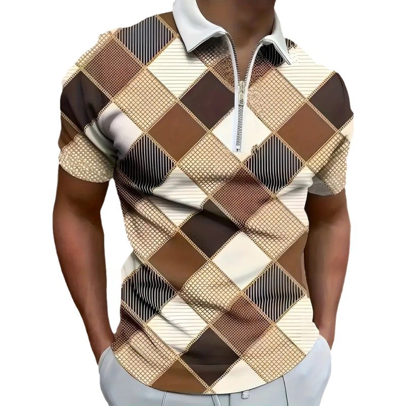 Clásico retro cuadrado de color regular estampado 3D hombre todo fósforo ancho de hombro suelto transpirable caballo camisa POLO con cremallera