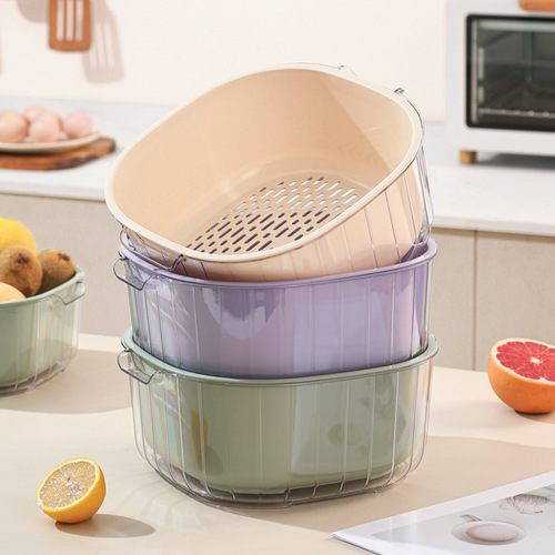 Nordic style double-layer vegetable and fruit drain basket washing basin high-looking home kitchen cleaning vegetable and fruit basket storage basket