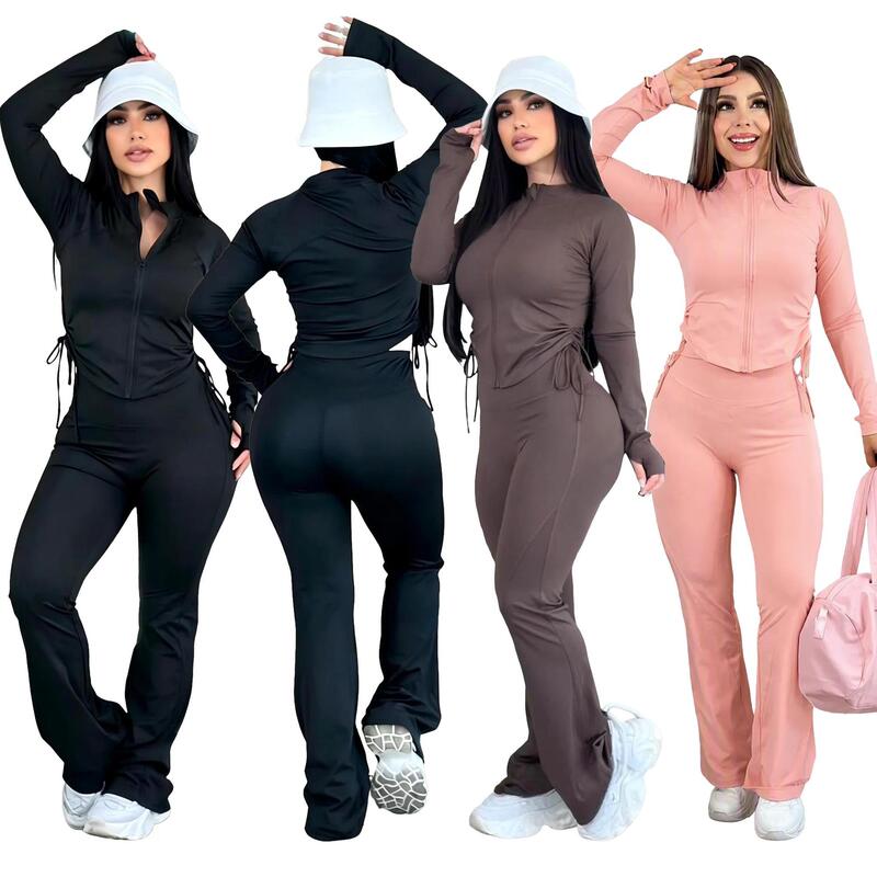 Nude-feel stretchy slim-fit athletic set: stand-up collar drawstring top and high-waisted slightly flared long pants, two-piece set Q6409 Nude-feel stretchy slim-fit athletic set: stand-up collar drawstring top and high-waisted slightly flared long pants, two-piece set Q6409