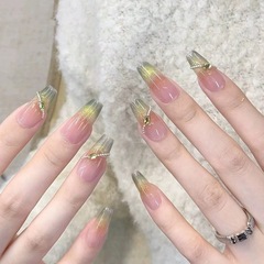 綠精靈純手工穿戴甲片腮紅漸變貓眼法式純欲冰透美甲穿戴式指甲貼