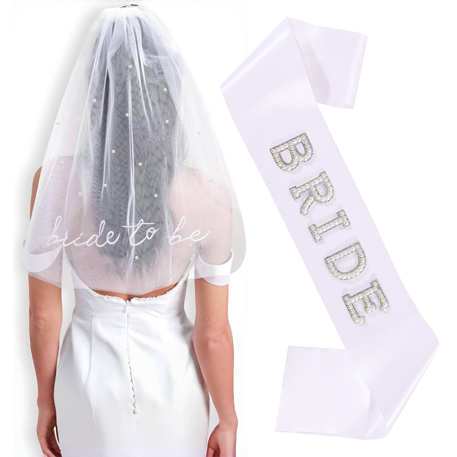 跨境新娘珍珠刺绣头纱肩带套装BRIDE TOBE礼仪带单身派对婚礼装扮