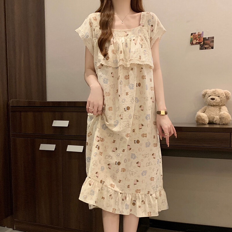 女性のためのナイトガウン夏半袖クラウドコットンラブスウィートガール 2025 新しい夏薄い女性のパジャマドレス|undefined