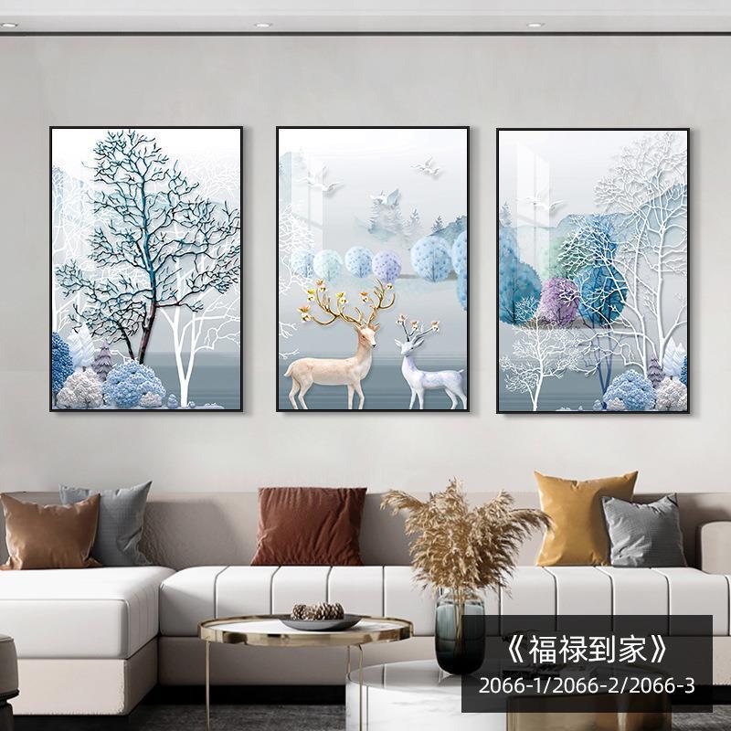 简约大气沙发背景墙聚宝盆山水画酒店宾馆客厅装饰画中式画福鹿|undefined