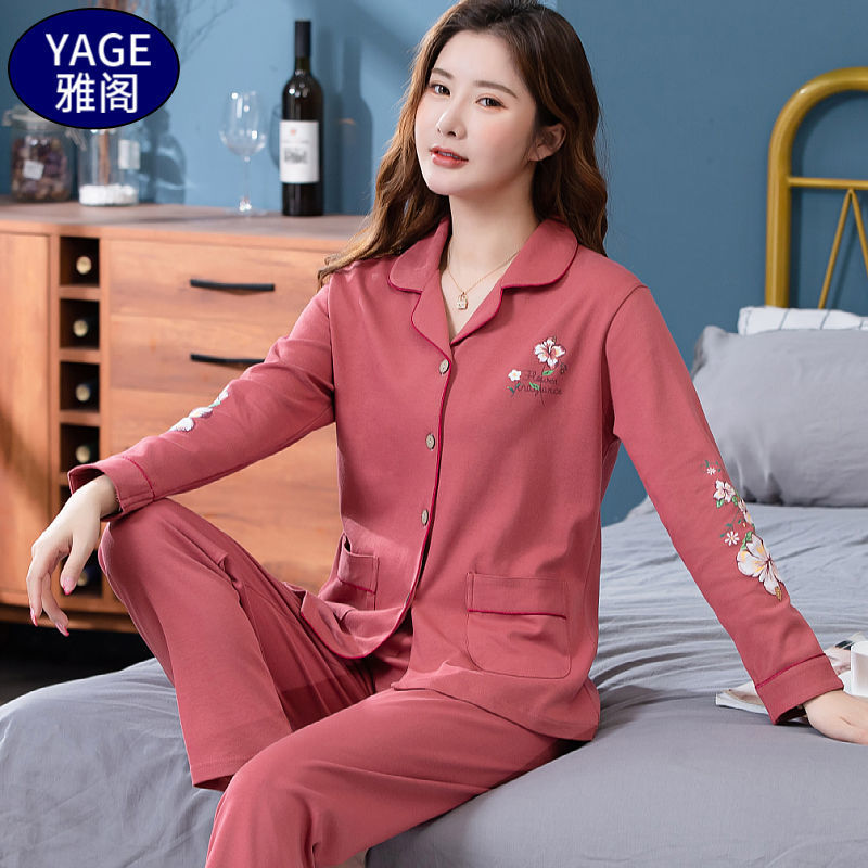 Pijamas de algodón Primavera y otoño de las mujeres chaqueta de manga larga traje de mediana edad y las madres mayores más tamaño al aire libre desgaste del hogar de invierno