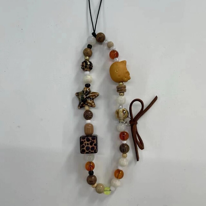 Cross-Border Hot Selling Maillard Color Leopard Print Kt Mobile Phone Chain Ccd Camera DIY Beads Cold Lanyard Portable Pendant
