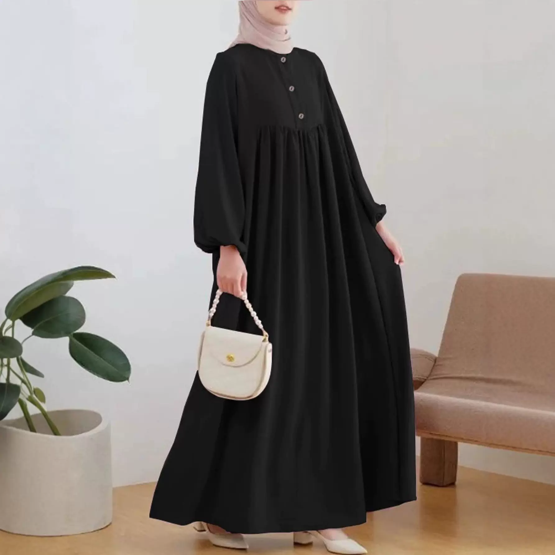 temu跨境穆斯林女装长袍春秋时尚休闲泡泡袖简约纯色连衣裙宽松